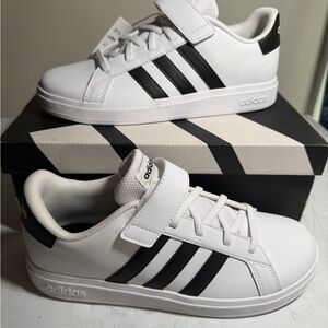 adidas Kid White Sneakers with Black 3-Stripes and Velcro